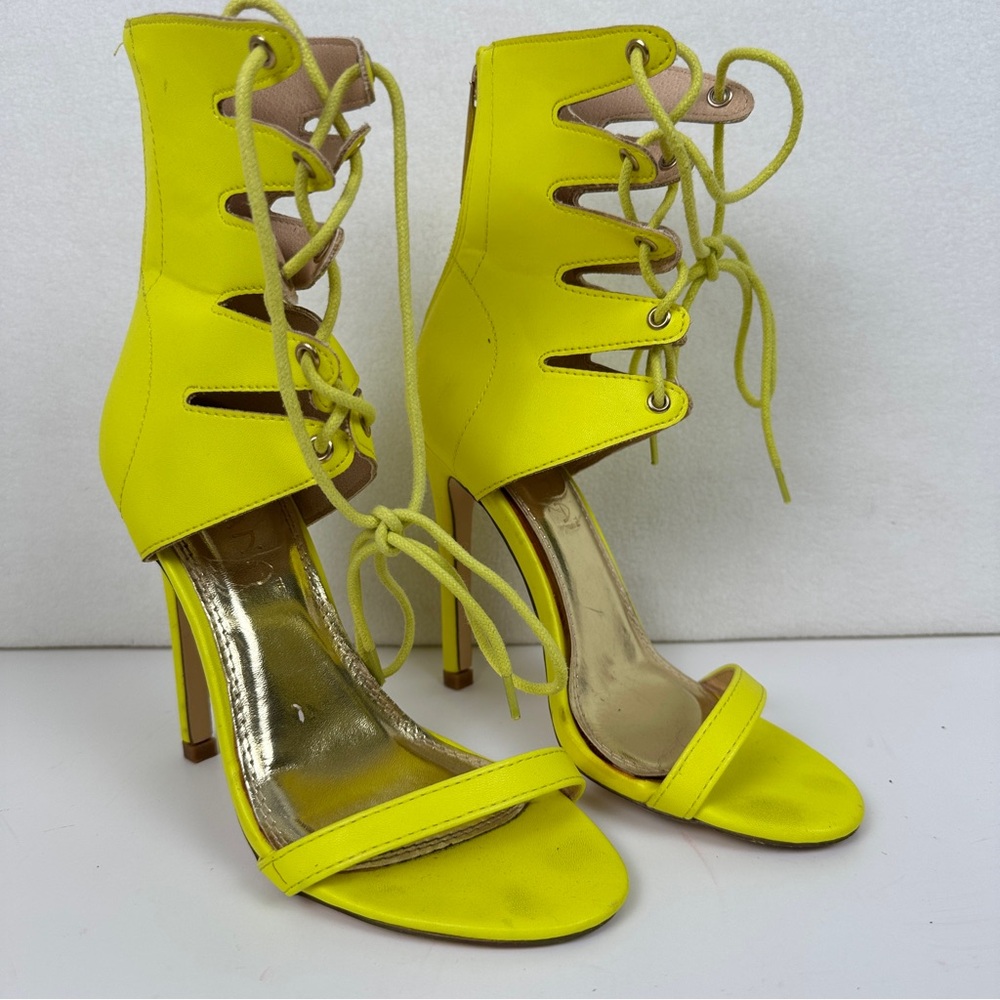 Liliana Neon Yellow Lace Up High Heel Gladiator Open Toe Women’s 5.5 Clubbing